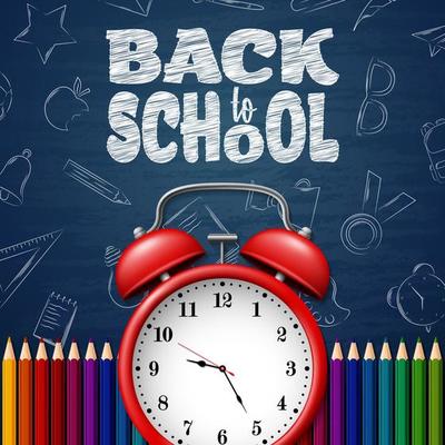 Back to School with school supplies on chalkboard background