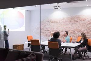 Startup Business Team At A Meeting at modern night office building photo