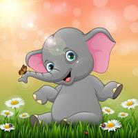 Cute baby elephant sitting on grass background vector