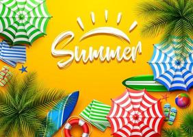 Hello summer time holiday banner. Top view of tropical leaves and beach element collections on sand background vector