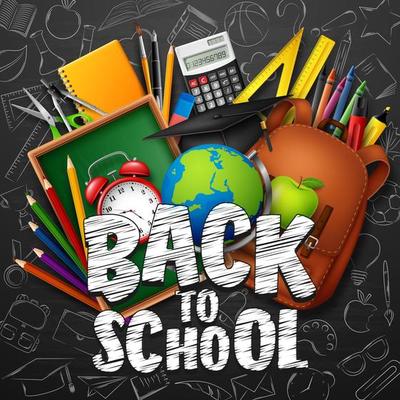 Back to School with school supplies on chalkboard background