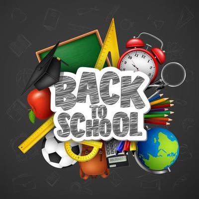 Back to School with school supplies on chalkboard background