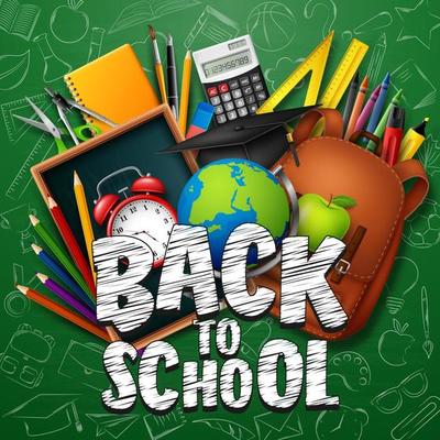 Back to School with school supplies on chalkboard background