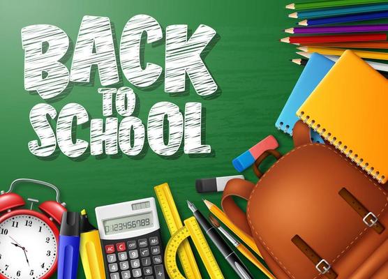 Back to School with school supplies on chalkboard background