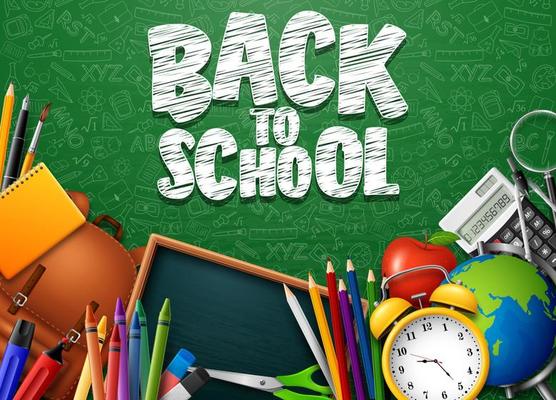 Back to School with school supplies on chalkboard background