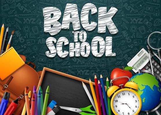 Back to School with school supplies on chalkboard background