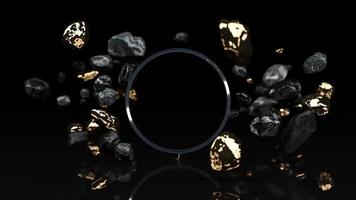 3D-Darstellung von schwarzem Marmorsockel isoliert auf schwarzem Hintergrund, runder goldener Freiformfelsen, abstraktes Minimalkonzept, Leerzeichen, sauberes Design, luxuriöses minimalistisches Mockup, wachsende Schleife des Beleuchtungsrahmens video