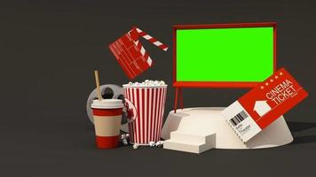 o conceito de assistir filmes online em casa com tablet e tela cercado por equipamentos de cinema, ingressos de cinema, bobinas de filme, pipoca de câmeras de cinema, bebidas com poltrona. loop de animação de renderização 3D video