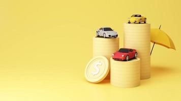 Auto Kfz-Versicherung und Vollkasko-Konzept umgeben von Goldmünzen und Bargeld mit Sportwagenmodell, Laptop-Green-Screen mit prozentualem pastellfarbenem Hintergrund. Animation geloopt 3D-Rendering
