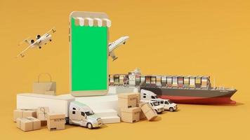 internationaal transport verzending concept podium product staan omringd door kartonnen dozen, een vrachtcontainerschip, een vliegend vliegtuig, een busje en een vrachtwagen geïsoleerd op een witte achtergrond 3D-rendering video