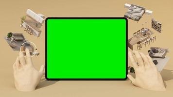 conceito de realidade aumentada. use sua mão para selecionar móveis de compras online. com aplicativo ar usado para simular móveis e produtos de design em tela verde de tablet renderização 3d realista em loop video