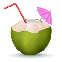 Coconut cocktail with straw and umbrella on white background vector