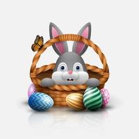 Cute Easter bunny in a basket with colorful eggs on a white background vector