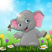 Cute baby elephant sitting on grass background vector