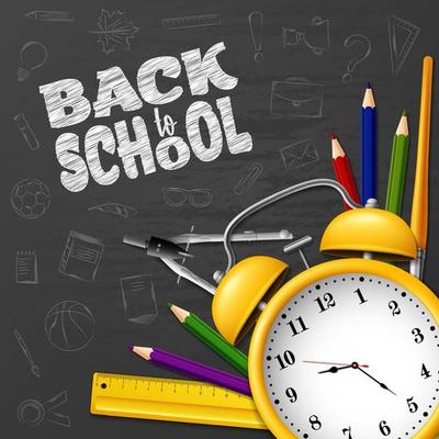 Back to School with school supplies on chalkboard background