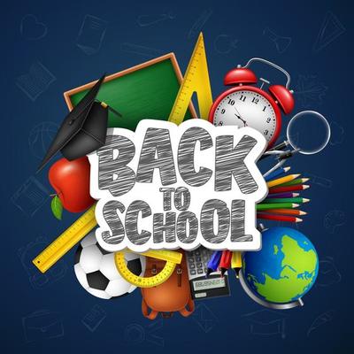 Back to School with school supplies on chalkboard background