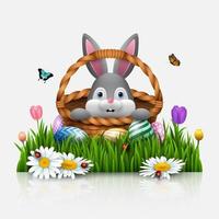 Cute Easter bunny in a basket with colorful eggs on a white background vector