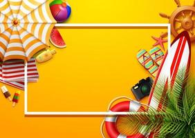 Hello summer time holiday banner. Top view of tropical leaves and beach element collections on sand background vector