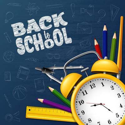 Back to School with school supplies on chalkboard background