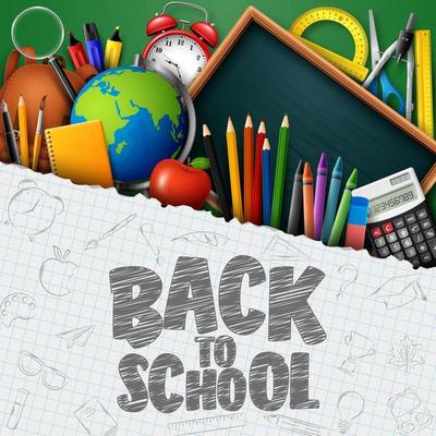 Back to School with school supplies on chalkboard background
