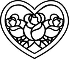 tatuaje en estilo de línea negra de un corazón y flores vector