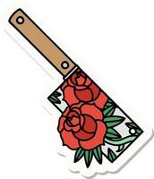 sticker of tattoo in traditional style of a cleaver and flowers vector