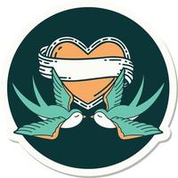 sticker of tattoo in traditional style of swallows and a heart with banner vector
