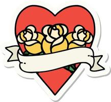 sticker of tattoo in traditional style of a heart and banner with flowers vector