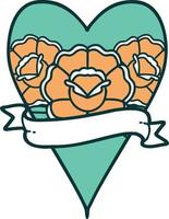 iconic tattoo style image of a heart and banner with flowers vector