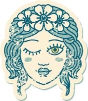 iconic distressed sticker tattoo style image of a maidens face winking vector