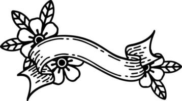 tattoo in black line style of a banner and flowers vector