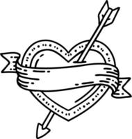 tatuaje en estilo de línea negra de un corazón de flecha y pancarta vector