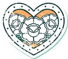 iconic distressed sticker tattoo style image of a heart and flowers vector