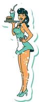 distressed sticker tattoo in traditional style of a pinup waitress girl vector