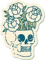 icónica imagen angustiada de estilo tatuaje de una calavera y rosas vector