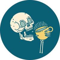 imagen icónica de estilo tatuaje de una calavera bebiendo café vector