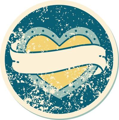 iconic distressed sticker tattoo style image of a heart and banner