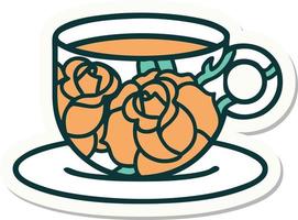 pegatina de tatuaje al estilo tradicional de una taza y flores vector