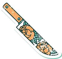 icónica imagen de estilo de tatuaje de pegatina angustiada de una daga y flores vector