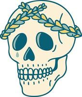 imagen icónica de estilo tatuaje de una calavera con corona de corona de laurel vector