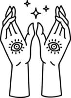 tattoo in black line style of mystic hands vector