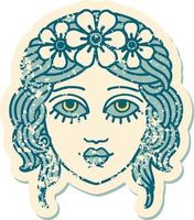 iconic distressed sticker tattoo style image of female face with crown of flowers vector