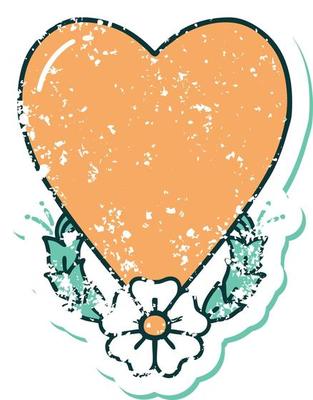 iconic distressed sticker tattoo style image of a heart and flower