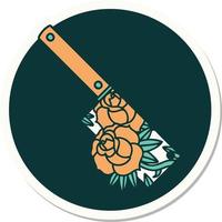 sticker of tattoo in traditional style of a cleaver and flowers vector