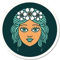 sticker of tattoo in traditional style of female face with crown of flowers vector