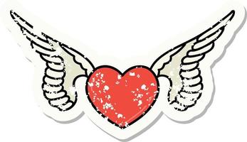 distressed sticker tattoo in traditional style of a heart with wings vector