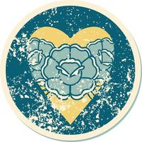 iconic distressed sticker tattoo style image of a heart and flowers vector