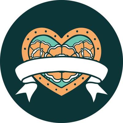iconic tattoo style image of a heart and banner with flowers