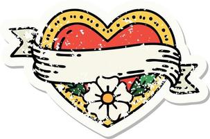 distressed sticker tattoo in traditional style of a heart and banner with flowers vector