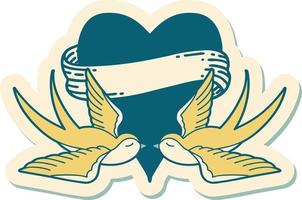 sticker of tattoo in traditional style of swallows and a heart with banner vector